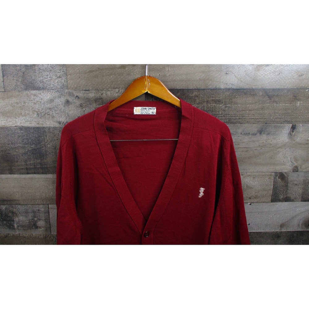 John Smith Cardigan Sweater Mens Large Red V Neck Pure New Wool Made England